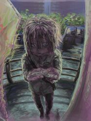 Rule 34 | 1boy, crossbody bag, fence, fisheye, grey eyes, highres, holding, holding paper, looking down, male focus, original, otkaresama, paper, road, snot, sweatdrop