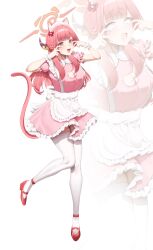 1girl :d absurdres alternate_costume animal_ear_fluff animal_ears apron aru_(blue_archive) back_bow blue_archive blunt_bangs bow cat_ears cat_girl cat_tail cleavage_cutout clothing_cutout commentary demon_horns dress frilled_apron frilled_dress frills full_body gradient_eyes hair_bow halo highres horns long_hair looking_at_viewer m1ssed maid maid_apron maid_headdress multicolored_eyes open_mouth orange_eyes pink_dress pink_hair pink_halo red_bow red_shoes shoes sidelocks smile standing standing_on_one_leg tail teeth thighhighs upper_teeth_only v-shaped_eyebrows white_apron white_bow white_thighhighs zoom_layer