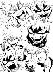 1boy bakugou_katsuki blonde_hair bloodshot_eyes boku_no_hero_academia clenched_teeth collared_shirt commentary_request greyscale hair_between_eyes highres jacket korean_commentary kubbbbbbbbby lapels male_focus mask monochrome multiple_views notched_lapels open_collar open_mouth school_uniform shirt short_hair superhero_costume teeth u.a._school_uniform wide-eyed