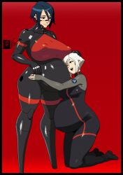 2girls absurdres ariane_yeong big_belly blue_eyes blue_hair breasts covered_erect_nipples elster_(signalis) fungus-man hand_on_another&#039;s_head happy highres large_breasts multiple_girls pregnant red_eyes robot_girl self-upload signalis white_hair yuri