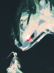 Rule 34 | 2others, blue background, dkaism, dragon, dress, glowing, glowing eye, high ponytail, looking at another, multiple others, original, out of frame, painterly, ponytail, red eyes, simple background, surreal, upper body, white dress