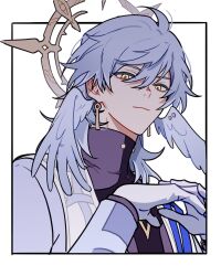 Rule 34 | 1boy, chinese commentary, closed mouth, commentary request, earrings, feathered wings, gloves, gold earrings, grey hair, grey jacket, hair between eyes, halo, halo behind head, hands up, head wings, highres, honkai: star rail, honkai (series), jacket, jewelry, long sleeves, looking at viewer, male focus, open clothes, open jacket, open vest, piercing, purple shirt, shirt, short hair, sidelocks, simple background, smile, solo, sunday (honkai: star rail), upper body, vest, white background, white gloves, white vest, wing piercing, wings, yellow eyes, yuelinpanp98413