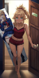 1girl alternate_costume artoria_pendragon_(fate) blonde_hair blue_eyes blush breasts camisole dakimakura_(object) doorway expressionless fate/apocrypha fate_(series) female_focus full_body gluteal_fold groin highres implied_incest implied_yuri lipstick_mark looking_at_viewer midriff mordred_(fate) mother_and_daughter navel no_pants panties pillow ponytail pov_doorway red_camisole red_panties red_scrunchie saber_(fate) scrunchie shirt short_shorts shorts small_breasts solo striped tonee underwear