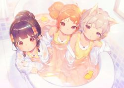 Rule 34 | 3girls, :&lt;, animal ears, bare shoulders, bath, bathing, bathtub, blush, braid, brown eyes, brown hair, camisole, closed mouth, clothed bath, collarbone, collared shirt, dot nose, dress shirt, eyebrows hidden by hair, hair ornament, hair ribbon, hairclip, henreader, highres, indoors, komori sana, kyou kara ore wa loli no himo!, looking at viewer, multiple girls, nijou touka, non-web source, off shoulder, open clothes, open shirt, orange ribbon, parted bangs, parted lips, partially submerged, red eyes, ribbon, rubber duck, same-sex bathing, shared bathing, shirt, slipper bathtub, tanzawa chizuru, thick eyebrows, tile wall, tiles, towel, tsurime, water, wet, wet clothes, white shirt, window, yellow camisole
