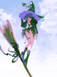 1girl ass backless_dress backless_outfit black_boots black_dress black_hat blue_sky boots broom broom_riding broom_surfing cloud cloudy_sky dress from_behind from_below genderswap genderswap_(mtf) gundam gundam_00 hand_up hat high_heel_boots high_heels highres holding holding_wand huangdanlan juliet_sleeves knee_boots long_sleeves panties puffy_sleeves shoe_soles short_dress short_hair sky solo tieria_erde underwear wand witch witch_hat