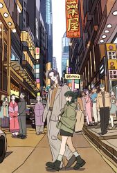 bag black_pants black_shoes blue_hat blue_shirt braided_twintails brown_hair brown_shirt city commentary_request dress full_body gaoshun_(kusuriya_no_hitorigoto) green_hair green_jacket grey_hair hair_between_eyes hair_bun half_updo hat highres jacket jinshi_(kusuriya_no_hitorigoto) kusuriya_no_hitorigoto lahan_(kusuriya_no_hitorigoto) lihaku_(kusuriya_no_hitorigoto) long_hair luomen_(kusuriya_no_hitorigoto) madam_(kusuriya_no_hitorigoto) maomao_(kusuriya_no_hitorigoto) old old_woman outdoors pants pink_dress profile purple_hair shirt shoes shoulder_bag sidelocks smile suiren_(kusuriya_no_hitorigoto) t-shirt takeuchi_ryousuke xiaolan_(kusuriya_no_hitorigoto)