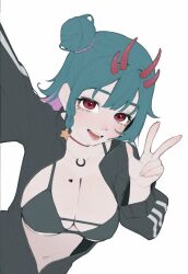Rule 34 | 1girl, :d, anemoneeanemone, bikini, bikini top only, black bikini, blue hair, breasts, cleavage, foreshortening, from above, hair bun, hair ornament, hair scrunchie, heart, horns, jacket, large breasts, looking at viewer, multicolored hair, navel, open clothes, open jacket, open mouth, original, red eyes, red horns, scrunchie, selfie, simple background, smile, solo, star (symbol), swimsuit, v, white background