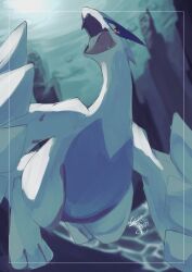 absurdres commentary_request creatures_(company) game_freak gen_2_pokemon highres legendary_pokemon looking_at_viewer lugia nintendo no_humans one-hour_drawing_challenge open_mouth pokemon pokemon_(creature) red_eyes signature solo teeth tongue uninoazi
