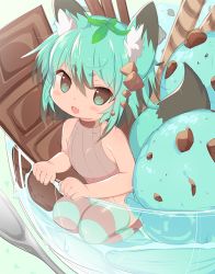 1girl :d animal_ears bare_arms bare_shoulders black_hair blush_stickers brown_leotard candy chocolate chocolate_bar commentary_request cup fang female_focus food green_eyes green_hair hair_between_eyes hair_ornament ice_cream in_container in_cup in_food leotard looking_at_viewer mini_person minigirl mint_chocolate_(razschi) mint_chocolate mofuaki multicolored_hair open_mouth original personification ribbed_leotard seiza short_eyebrows sitting smile solo striped_clothes striped_thighhighs tail thick_eyebrows thighhighs two-tone_hair wafer_stick