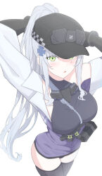 1girl absurdres baseball_cap black_gloves black_hat black_thighhighs blue_hair blush breasts cowboy_shot girls&#039;_frontline girls&#039;_frontline_2:_exilium gloves green_eyes hat high_ponytail highres hk416_(girls&#039;_frontline) jacket klukai_(girls&#039;_frontline_2) large_breasts long_hair looking_at_viewer multicolored_jacket off_shoulder open_mouth partially_unzipped ponytail purple_jacket simple_background teardrop_facial_mark thighhighs uchikata_takeaki white_background