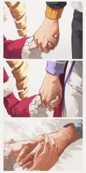 1boy 1girl 8_humi age_progression aged_up beatrice_(re:zero) blonde_hair frilled_sleeves frills fur_trim highres holding_hands long_sleeves multiple_views natsuki_subaru on_bed out_of_frame re:zero_kara_hajimeru_isekai_seikatsu ringlets standing striped_clothes wide_sleeves