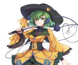 Rule 34 | 1girl, black hat, blouse, bow, eyeball, frilled sleeves, frills, green eyes, green hair, green skirt, hat, hat bow, hat ribbon, heart, heart of string, highres, holding, holding knife, knife, koishi day, komeiji koishi, long sleeves, looking at viewer, namiki (remiter00), pixelated, ribbon, shirt, short hair, skirt, smile, solo, third eye, touhou, wide sleeves, yellow bow, yellow ribbon, yellow shirt