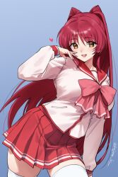Rule 34 | 1girl, blue background, blush, bow, bowtie, breasts, brown eyes, commentary, contrapposto, cowboy shot, heart, highres, kiya hajime, kousaka tamaki, large breasts, long hair, long sleeves, looking at viewer, miniskirt, open mouth, pink bow, pink bowtie, pleated skirt, red hair, red skirt, school uniform, shirt, simple background, skindentation, skirt, smile, solo, thighhighs, thighs, to heart (series), to heart 2, twitter username, white shirt, white thighhighs, zettai ryouiki