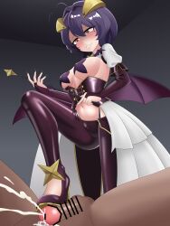 1boy 1girl absurdres antenna_hair bar_censor bat_wings blush breasts cape censored cleft_of_venus clothed_female_nude_male covered_erect_nipples cum curled_horns dark-skinned_male dark_skin demon_girl demon_horns dot_nose ejaculation elbow_gloves facial_mark femdom fingerless_gloves fingernails foot_out_of_frame from_below gloves grin hands_up hetero highres hiiragi_utena holding holding_riding_crop horns indoors interracial knee_up long_fingernails looking_at_penis looking_down low_wings lowleg lowleg_pants magia_baiser magical_girl mahou_shoujo_ni_akogarete medium_breasts medium_hair midriff nail_polish naughty_face navel nude pants pasties penis pov pov_crotch puffy_short_sleeves puffy_sleeves purple_gloves purple_hair purple_nails purple_pants purple_pasties purple_sash riding_crop sash shoejob short_sleeves shrug_(clothing) smile solo_focus standing star-shaped_pupils star_(symbol) star_pasties stepping stepping_on_penis symbol-shaped_pupils teeth testicles two-tone_sash waist_cape white_cape white_shrug wings yellow_eyes yellow_horns yellow_sash zhai_p_(39wfox)