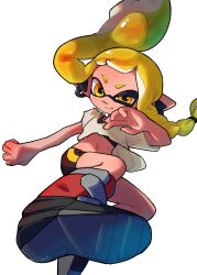 1girl 95mana bike_shorts blonde_hair braid closed_mouth commentary_request highres inkling inkling_girl inkling_player_character long_hair navel nintendo pointy_ears shirt short_eyebrows simple_background single_braid solo splatoon_(series) splatoon_3 tentacle_hair thick_eyebrows torn_clothes torn_shirt white_background white_shirt yellow_eyes