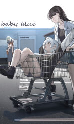 4girls absurdres artist_name bang_dream! bang_dream!_it&#039;s_mygo!!!!! black_hair black_shirt black_shoes blue_shirt blue_shorts blue_skirt carrying cloud_nine_(798392138) commentary earrings food green_hair highres ice_cream in_shopping_cart jacket jewelry kaname_raana layered_sleeves long_hair long_sleeves mortis_(bang_dream!) mortis_(persona)_(bang_dream!) multiple_girls nagasaki_soyo open_mouth outdoors parking_lot shiina_taki shirt shoes shopping_cart short_hair short_over_long_sleeves short_sleeves shorts shoulder_carry skirt wakaba_mutsumi white_hair white_jacket white_shirt yellow_eyes