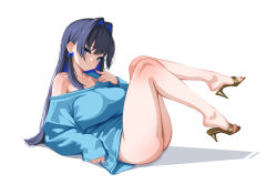 1girl alternate_costume ass blue_eyes blue_hair blue_sweater bottomless bow bow_earrings breasts colored_inner_hair commentary earrings full_body hair_intakes high_heels hololive hololive_english hood hoodie jewelry large_breasts legs long_hair looking_at_viewer multicolored_hair naked_sweater off_shoulder official_alternate_hair_length official_alternate_hairstyle ouro_kronii sansha_art sidelocks simple_background single_off_shoulder sleeves_past_wrists smile solo sweater toeless_legwear virtual_youtuber white_background