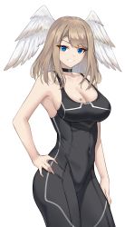 1girl absurdres black_bodysuit black_choker blue_eyes bodysuit breast_tattoo breasts brown_hair choker cleavage covered_navel crimecrime eunie_(xenoblade) feathered_wings grin hand_on_own_hip head_wings highres large_breasts legs looking_at_viewer simple_background smile solo tattoo thighs white_background white_wings wings xenoblade_chronicles_(series) xenoblade_chronicles_3