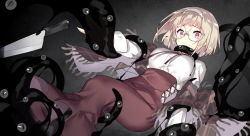1girl breasts brown_skirt closed_mouth collared_shirt dress_shirt female_focus fringe_trim glasses hairband high-waist_skirt knife light_brown_hair long_sleeves looking_at_viewer medium_breasts original plaid purple_eyes restrained round_eyewear saru shawl shirt short_hair skirt solo tentacles white_hairband white_shirt