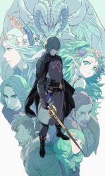 3girls 4boys absurdres armor beard black_armor black_cape black_footwear black_gloves boots brown_eyes brown_hair male_byleth_(fire_emblem) cape closed_mouth commentary_request dragon facial_hair father_and_daughter father_and_son fire_emblem fire_emblem:_three_houses flayn_(fire_emblem) flower gauntlets gloves green_eyes green_hair grey_eyes grey_hair hair_between_eyes hair_flower hair_ornament hanneman_von_essar highres holding holding_sword holding_weapon jeralt_reus_eisner kazo_(kidokazo) long_hair looking_at_viewer monocle mother_and_daughter multiple_boys multiple_girls mustache nintendo own_hands_together pointy_ears profile rhea_(fire_emblem) seteth_(fire_emblem) short_hair sothis_(fire_emblem) sword sword_of_the_creator the_immaculate_one tiara twintails weapon white_flower
