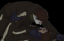 Rule 34 | 2boys, afraid of monsters, between legs, black background, black gloves, black hoodie, blood from forehead, boy on top, brown hair, david leatherhoff, dual persona, gloves, hand on another&#039;s arm, hand on another&#039;s face, highres, holding hands, hood, hood down, hoodie, ju-san, kneeling, looking at another, lying, male focus, messy hair, multiple boys, on back, on ground, outline, pale skin, pinned, print hoodie, scar, scar on face, short hair, the addiction (afraid of monsters), turtleneck, upper body, white outline