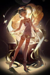 Rule 34 | 1girl, absurdly long hair, absurdres, asymmetrical legwear, ballet slippers, bare shoulders, body writing, bracelet, closed mouth, commentary, dress, en pointe, full body, gold choker, gold trim, gramophone miku, hair ornament, hatsune miku, highres, jewelry, kanvien, long hair, looking at viewer, miku symphony (vocaloid), phonograph, see-through clothes, see-through dress, single thighhigh, smile, solo, standing, standing on one leg, strapless, strapless dress, thighhighs, thighlet, tiptoes, tutu, twintails, very long hair, vocaloid, white dress, white thighhighs