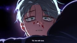 2boys alien_stage amyahue black_hood blood blood_on_face commentary english_commentary english_text green_eyes grey_hair highres hood hood_up hug ivan_(alien_stage) male_focus multiple_boys parted_lips red_pupils short_hair subtitled till_(alien_stage)