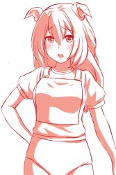 1girl abriel00 blush breasts buruma character_request commentary_request cowboy_shot ear_scrunchie floppy_ears gym_uniform long_hair looking_at_viewer medium_breasts monochrome open_mouth pink_theme puffy_short_sleeves puffy_sleeves race_bib short_sleeves simple_background solo umamusume