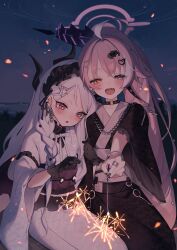 2girls ahoge alternate_costume black_choker black_gloves black_kimono black_nails blue_archive braid choker demon_horns fang gloves halo heterochromia highres hina_(blue_archive) horns hoshino_(blue_archive) japanese_clothes kimono long_hair long_sleeves multiple_girls o-ring o-ring_choker obi oninaart open_mouth outdoors parted_lips polka_dot_gloves purple_eyes sash smile white_hair white_kimono wide_sleeves