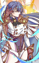 1girl anchor_earrings arak_(100855576) ascot azur_lane black_ascot breasts closed_mouth earrings from_side gloves highres jewelry large_breasts leotard long_hair mole mole_under_eye multicolored_hair orange_eyes orange_hair orange_streaks purple_hair red_gloves solo trafalgar_(azur_lane) underboob upper_body