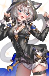 1girl ame_sagari animal_ears animal_hood belt black_gloves black_leotard blue_eyes breasts cat_ears cat_girl cat_hood cat_tail cipher_(honkai:_star_rail) cleavage coin commentary_request cowboy_shot fingerless_gloves gloves grey_hair highres holding holding_coin honkai:_star_rail honkai_(series) hood hooded_leotard large_breasts leotard looking_at_viewer mole mole_on_breast open_mouth shirt simple_background solo tail thigh_belt thigh_strap thighs white_background white_shirt yellow_nails