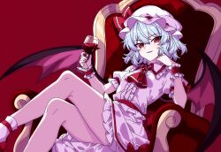 Rule 34 | 1girl, absurdres, ambiguous red liquid, ascot, bat wings, blue hair, blush, bow, breasts, brooch, collared shirt, commentary, crossed legs, cup, drinking glass, fang, frilled shirt collar, frilled skirt, frills, hat, hat ribbon, highres, holding, holding cup, jewelry, looking at viewer, mob cap, open mouth, pioartstuff, pointy ears, puffy short sleeves, puffy sleeves, red ascot, red background, red bow, red brooch, red eyes, red nails, red ribbon, red shoes, remilia scarlet, ribbon, shirt, shoes, short sleeves, simple background, sitting, sitting on throne, skirt, sleeve bow, small breasts, smile, socks, solo, thighs, touhou, white hat, white shirt, white skirt, white socks, wine glass, wings, wrist cuffs
