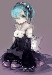 10s 1girl black_ribbon blue_eyes blue_hair breasts cleavage_cutout closed_mouth clothing_cutout detached_sleeves female_focus frilled_sleeves frills hair_ornament hair_over_one_eye highres maid maid_headdress pale_skin purple_background re:zero_kara_hajimeru_isekai_seikatsu rem_(re:zero) ribbon ribbon_trim riuichi short_hair simple_background sketch small_breasts solo x_hair_ornament