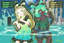2girls :d antennae blue_romper blue_sky capelet commentary dark-skinned_female dark_skin dress english_commentary english_text feet_out_of_frame frilled_dress frills full_moon gameplay_mechanics green_capelet green_dress green_eyes green_hair hair_over_one_eye highres holding holding_wand jay_the_musician_frog kittenup lette_the_songstress_frog long_hair long_sleeves looking_at_viewer moon multiple_girls musical_note night open_mouth outdoors rabbit_and_steel ribbon-trimmed_capelet ribbon_trim sky smile wand