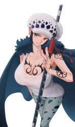 1girl arm_tattoo artist_request black_hair canon_genderswap cape chest_tattoo female_focus from_above fur_cape genderswap genderswap_(mtf) hat highres holding holding_sword holding_weapon looking_at_viewer no_bra one_piece pants r_4949 restrained see-through_clothes shirt shoulder_tattoo solo sword tank_top tattoo trafalgar_law trafalgar_law_(female) v weapon white_background