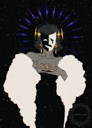 1other black_hair censored censored_identity coat crown dress earrings faceless fur_coat halo halo_behind_head han_sooyoung hand_on_own_chest highres jewelry mask medium_hair multiple_rings omniscient_reader&#039;s_viewpoint partially_colored partially_invisible ring short_dress sky sparkle star_(sky) starry_sky static vacation_town