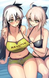 2girls absurdres ahoge bare_shoulders bikini black_bikini black_bow black_hair blonde_hair bow breasts camisole cleavage dolphin_shorts dynamitenatalia fate/grand_order fate_(series) green_eyes hair_between_eyes hair_bow half_updo highleg highleg_bikini highres large_breasts long_hair midriff multicolored_hair multiple_girls nagao_kagetora_(fate) okita_j._souji_(fate) okita_j._souji_(first_ascension)_(fate) okita_souji_(fate) parted_lips short_hair short_shorts shorts sidelocks sitting smile swimsuit thighs two-tone_hair uesugi_kenshin_(fate) very_long_hair white_hair yellow_camisole yellow_eyes yellow_shorts