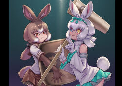 2girls animal_ears bare_shoulders black_bow blue_bow blue_eyes blue_skirt bow brown_eyes brown_gloves brown_hair brown_skirt cowboy_shot detached_sleeves elbow_gloves frilled_skirt frilled_sleeves frills gloves hair_between_eyes hair_bow heterochromia highres japanese_hare_(kemono_friends) kemono_friends kine kosai_takayuki light_brown_hair mallet multicolored_hair multiple_girls pleated_skirt ponytail rabbit_ears rabbit_girl rabbit_tail sailor_collar school_uniform serafuku shirt short_sleeves skirt t-shirt tail tsukuyomi_shinshi_(kemono_friends) white_gloves white_hair white_shirt yellow_eyes