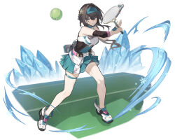 1girl aqua_skirt ball bare_legs bare_shoulders black_hair highres holding_tennis_racket honkai:_star_rail honkai_(series) miniskirt rararamax ruan_mei_(honkai:_star_rail) shirt skirt sleeveless sleeveless_shirt solo standing tennis_ball thigh_strap visor_cap