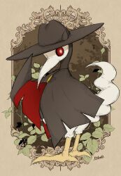animal_focus bird border bright_pupils cape cawgnito closed_mouth commentary copyright_name english_commentary full_body highres looking_at_viewer motoiwork nettle no_humans pal_(creature) palworld plague_doctor_mask plant red_eyes solo standing white_pupils yellow_background yellow_border