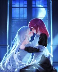 2girls apron bagel_sandica black_dress blush closed_eyes closed_mouth commentary_request dress hand_on_another&#039;s_back hand_on_another&#039;s_neck highres indoors long_hair looking_at_another maid maid_apron moon multiple_girls night off_shoulder parted_lips red_eyes red_hair shoujo_no_nozomanu_eiyuutan sitting sky star_(sky) starry_sky white_apron white_dress white_hair yuri
