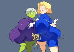 absurdres android_18 ass ass_focus back backboob barrybbeesly blonde_hair blue_eyes breasts cheelai colored_skin dragon_ball dragon_ball_super dragon_ball_super_broly dragonball_z ear_piercing elbow_gloves gloves grabbing_another&#039;s_ass green_skin highres huge_ass medium_breasts medium_hair piercing purple_eyes short_hair silver_hair simple_background white_gloves