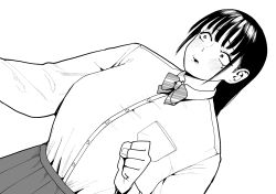 1girl agawa_sensei_(strikeout_pitch) blush bow bowtie breast_pocket breasts choppy_bangs clenched_hand collared_shirt commentary cosplay diagonal-striped_bow diagonal-striped_bowtie diagonal-striped_clothes dress_shirt dutch_angle furrowed_brow greyscale highres large_breasts lineart long_hair mole mole_under_eye monochrome mrsusan_desu official_alternate_costume open_mouth pleated_skirt pocket school_uniform shirt shirt_tucked_in sidelocks simple_background skirt solo strikeout_pitch striped_clothes white_background