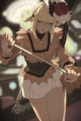1girl au_ra bimel_isabella black_corset blonde_hair blue_eyes blurry blurry_background corset cowboy_shot dragon_girl dragon_horns dragon_tail final_fantasy final_fantasy_xiv flower green_eyes hat hat_flower heterochromia highres holding_tape_measure horns indoors kasumi_(ff14) leaning_forward long_sleeves open_mouth red_nails scales short_hair skirt solo standing tail tape_measure white_hat white_skirt