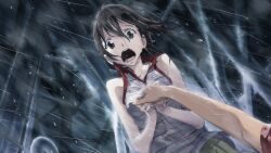 1boy 1girl breasts brown_eyes brown_hair casual collarbone fingernails floating_hair fukuda_tomonori game_cg green_skirt hair_between_eyes hand_grab high_ponytail highres looking_at_viewer medium_breasts non-web_source official_art open_collar pleated_skirt ponytail ponytail_with_braided_base pov pov_hands rain red_shirt red_trim robotics;notes see-through_clothes senomiya_akiho shirt shouting skirt sleeveless sleeveless_shirt storm striped_clothes striped_shirt t-shirt teeth tongue wet wet_clothes wet_hair white_shirt worried yashio_kaito