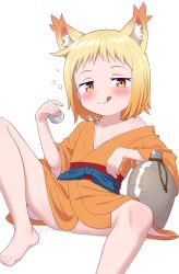1girl :q animal_ears barefoot blonde_hair blush choko_(cup) commentary cup fox_ears gradient_hair highres holding holding_cup japanese_clothes kimono knee_up licking_lips looking_at_viewer multicolored_hair orange_eyes orange_hair orange_kimono paid_reward_available seductive_smile sengoku_youko shino_(shinokani) short_hair simple_background single_bare_shoulder sitting smile solo spread_legs squeans tama_youko tokkuri tongue tongue_out two-tone_hair variant_set white_background