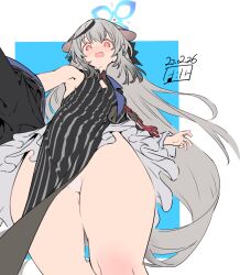 1girl bare_legs black_dress black_hair black_jacket blue_archive breasts cowboy_shot dress fbc grey_hair halo jacket kokona_(blue_archive) long_hair multicolored_hair skirt small_breasts solo thigh_gap two-tone_hair very_long_hair white_skirt