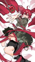 1girl absurdly_long_hair ahoge alternate_costume black_boots black_shirt black_shorts black_skirt blush boots commentary_request foot_out_of_frame from_side hair_between_eyes jumping kasane_teto kasane_teto_(voicepeak) knee_boots kneehighs long_hair long_sleeves looking_at_viewer michihirogswr midriff_peek outstretched_arm pleated_skirt red_eyes red_nails shirt shorts shorts_under_skirt simple_background skirt socks solo sound_wave tongue tongue_out twintails very_long_hair voicepeak walkie-talkie white_background white_socks
