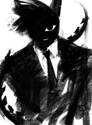 1boy commentary_request formal_clothes greyscale highres horns kakke666 korean_commentary looking_at_viewer male_focus monochrome necktie original short_hair simple_background solo suit tail upper_body white_background