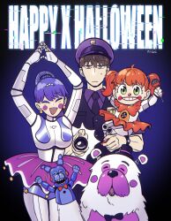 1boy 2girls absurdres anya_(spy_x_family) ballora_(fnaf) ballora_(fnaf)_(cosplay) bon_bon_(fnaf) bond_(spy_x_family) circus_baby_(fnaf) circus_baby_(fnaf)_(cosplay) closed_eyes clown cosplay crossover dog father_and_daughter findoworld five_nights_at_freddy&#039;s five_nights_at_freddy&#039;s:_sister_location flashlight funtime_freddy funtime_freddy_(cosplay) grin halloween happy_halloween hat highres holding holding_flashlight holding_microphone husband_and_wife michael_afton michael_afton_(cosplay) microphone mother_and_daughter multiple_girls smile spy_x_family sweatdrop top_hat twilight_(spy_x_family) yor_briar